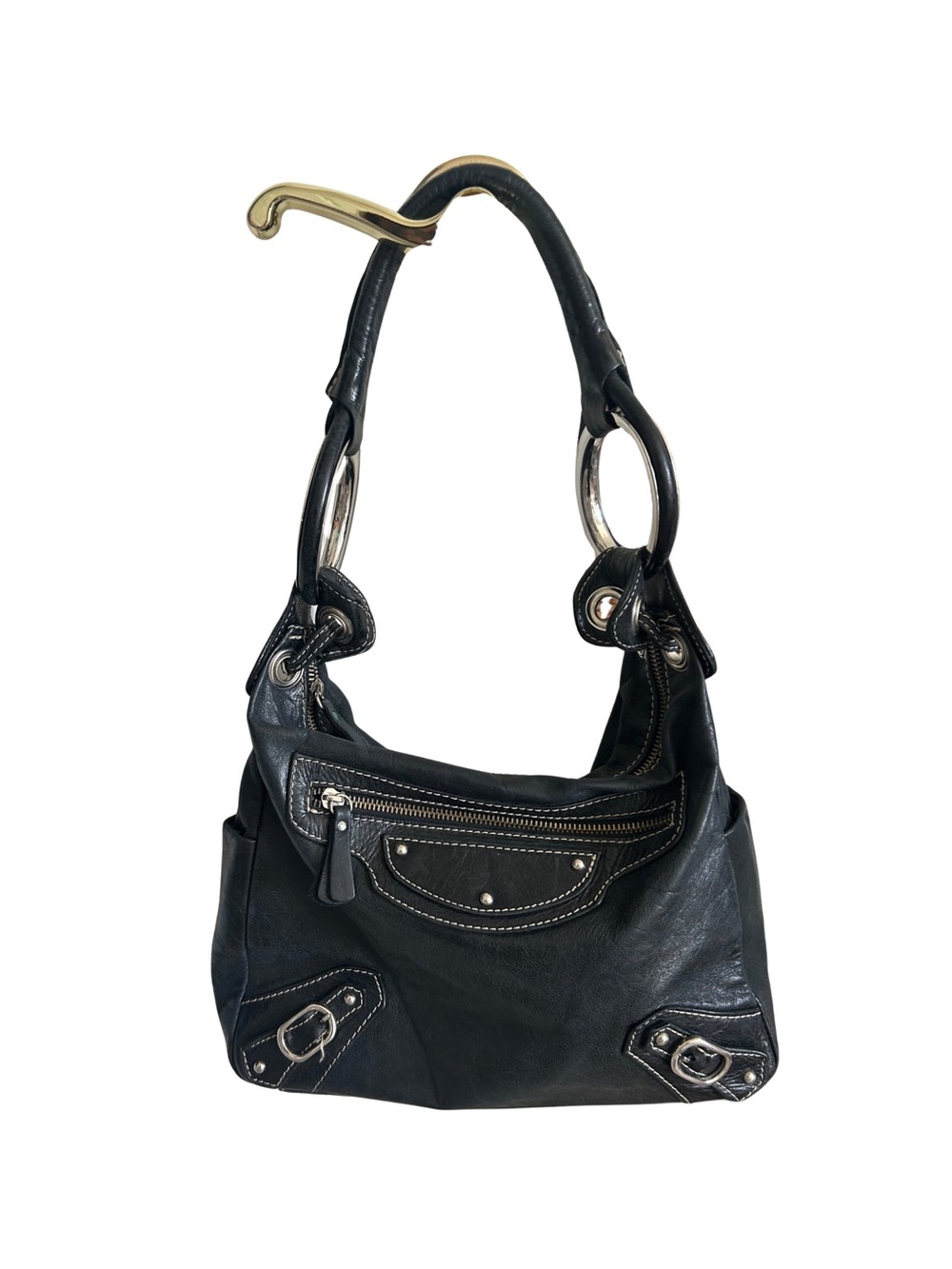 Vintage Helen Welsh Black Leather Moto Hobo Bag Y2K Ring Handle Slouchy Silver
